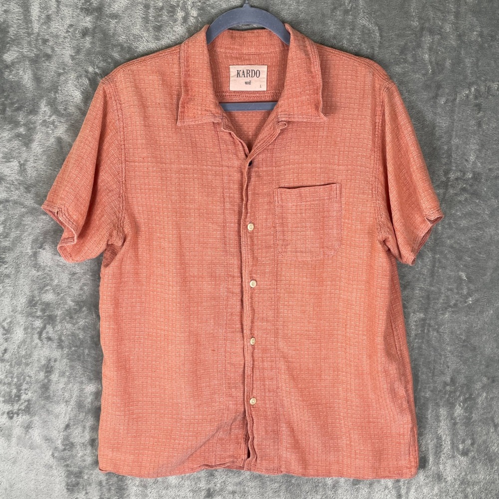 Kardo Button Down Shirt Mens L Coral EXCELLENT Hand Crafted Cotton Short Sleeve